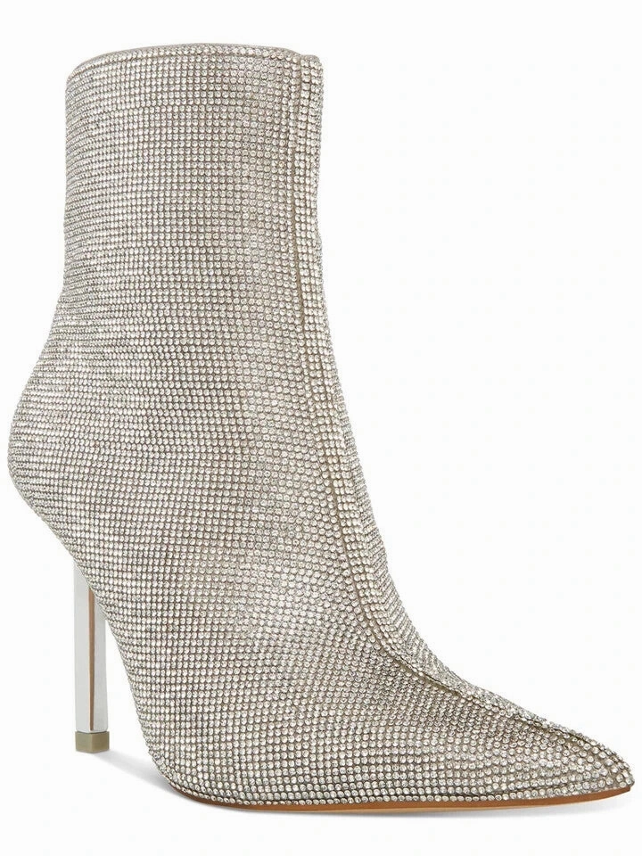 Steve Madden Elysia Boots Women 7.5 Silver Rhinestone Pointed Toe Bootie KHD2103