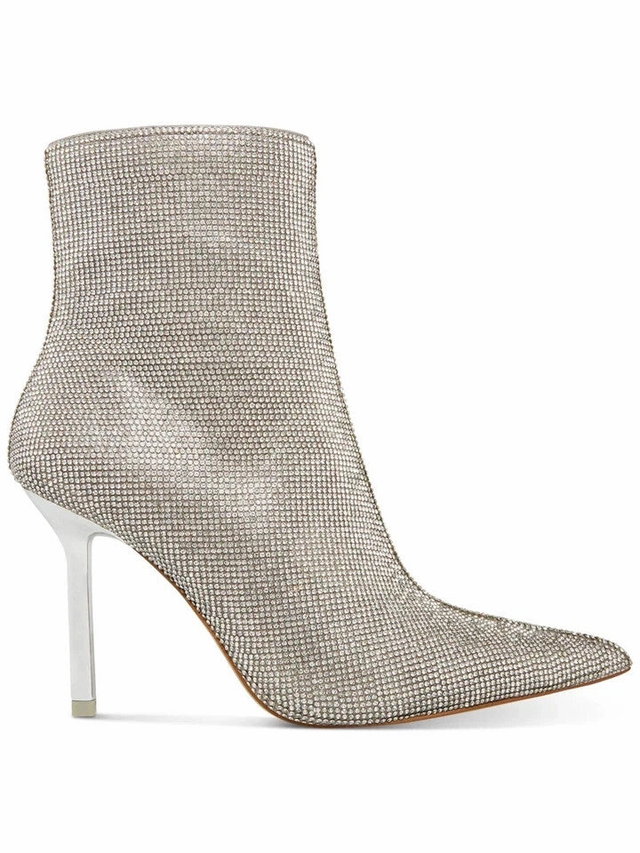 Steve Madden Elysia Boots Women 7.5 Silver Rhinestone Pointed Toe Bootie KHD2103