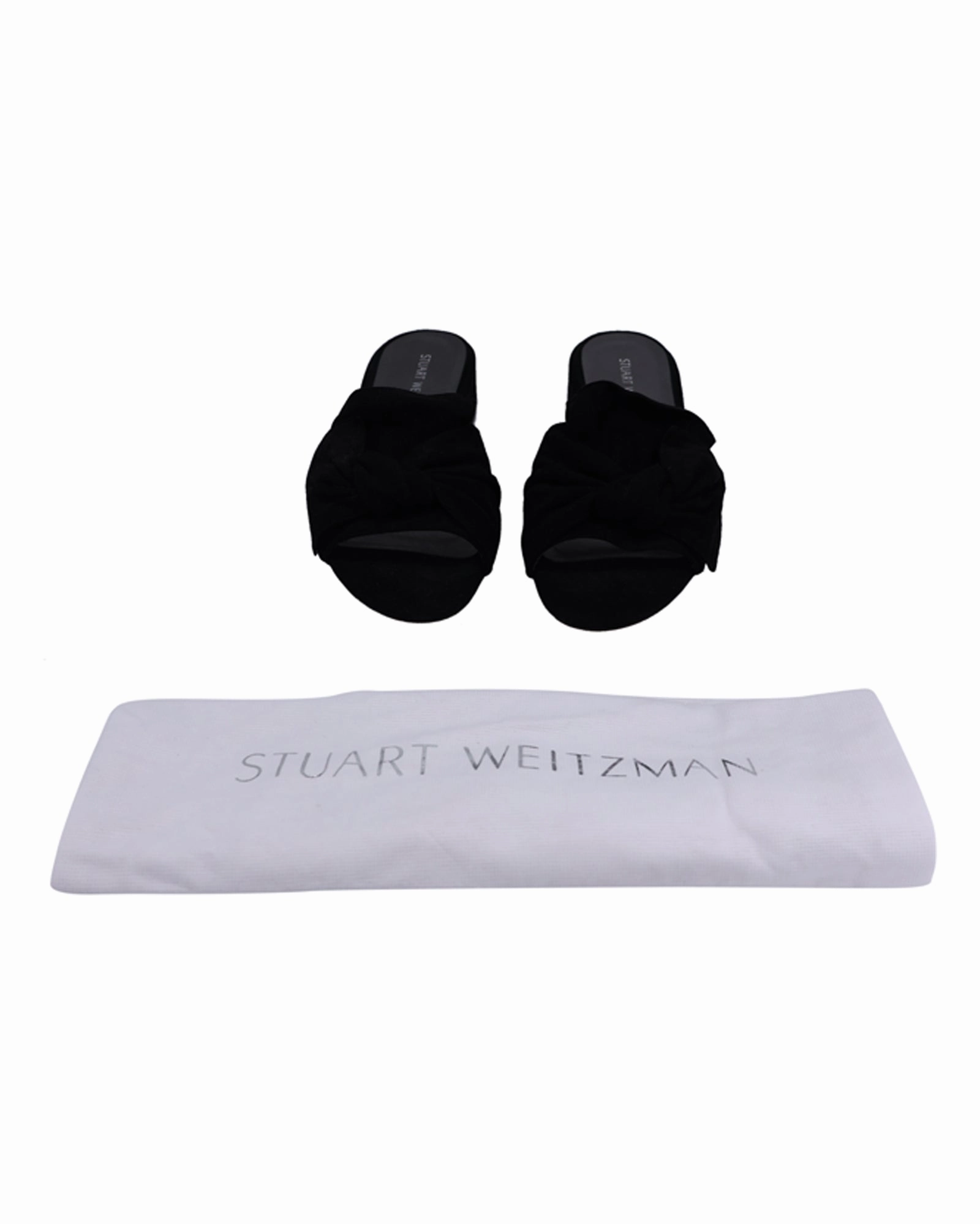 Stuart Weitzman Bow Block-Heel Slides in Black Suede