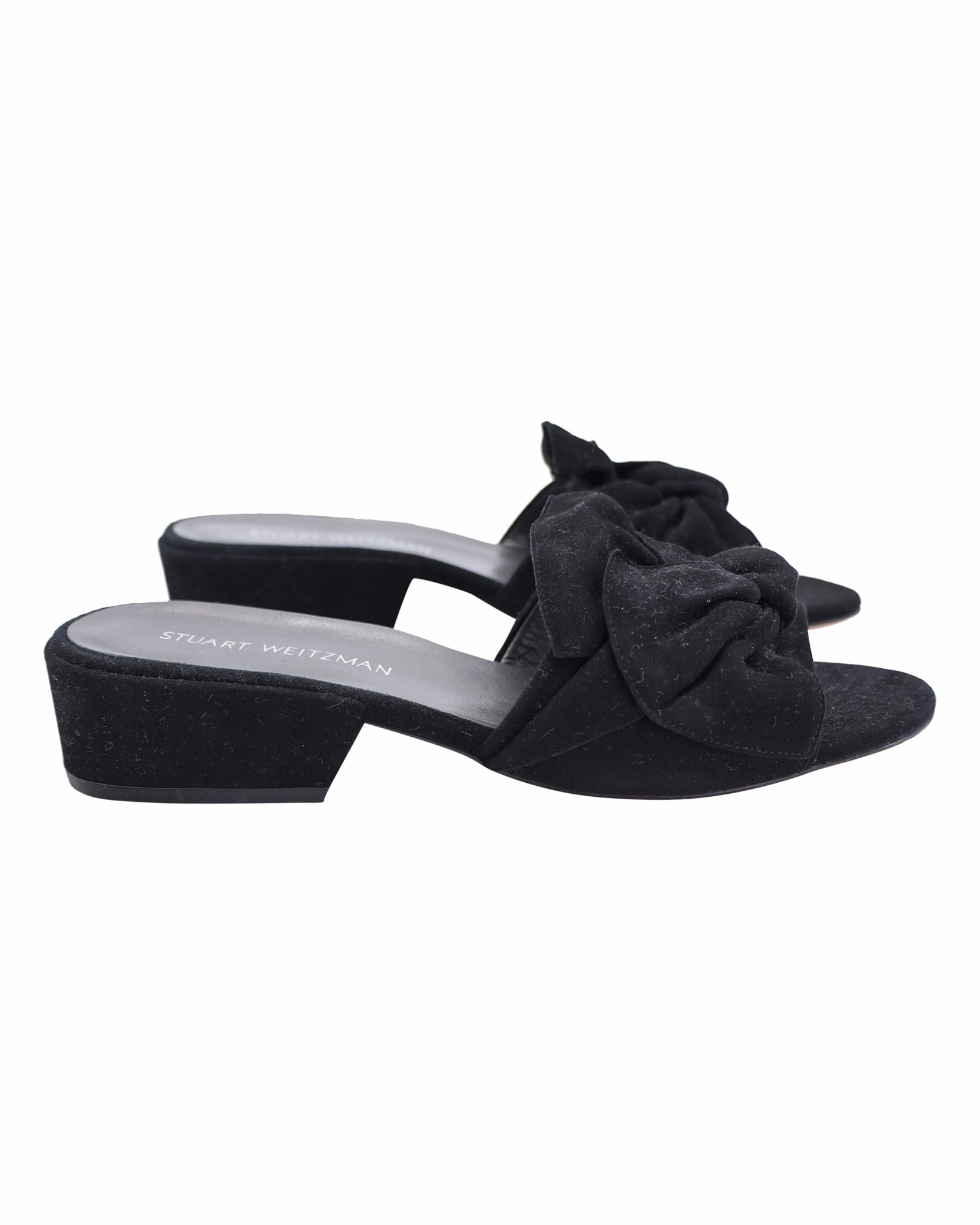 Stuart Weitzman Bow Block-Heel Slides in Black Suede Online store for Womens Sandals