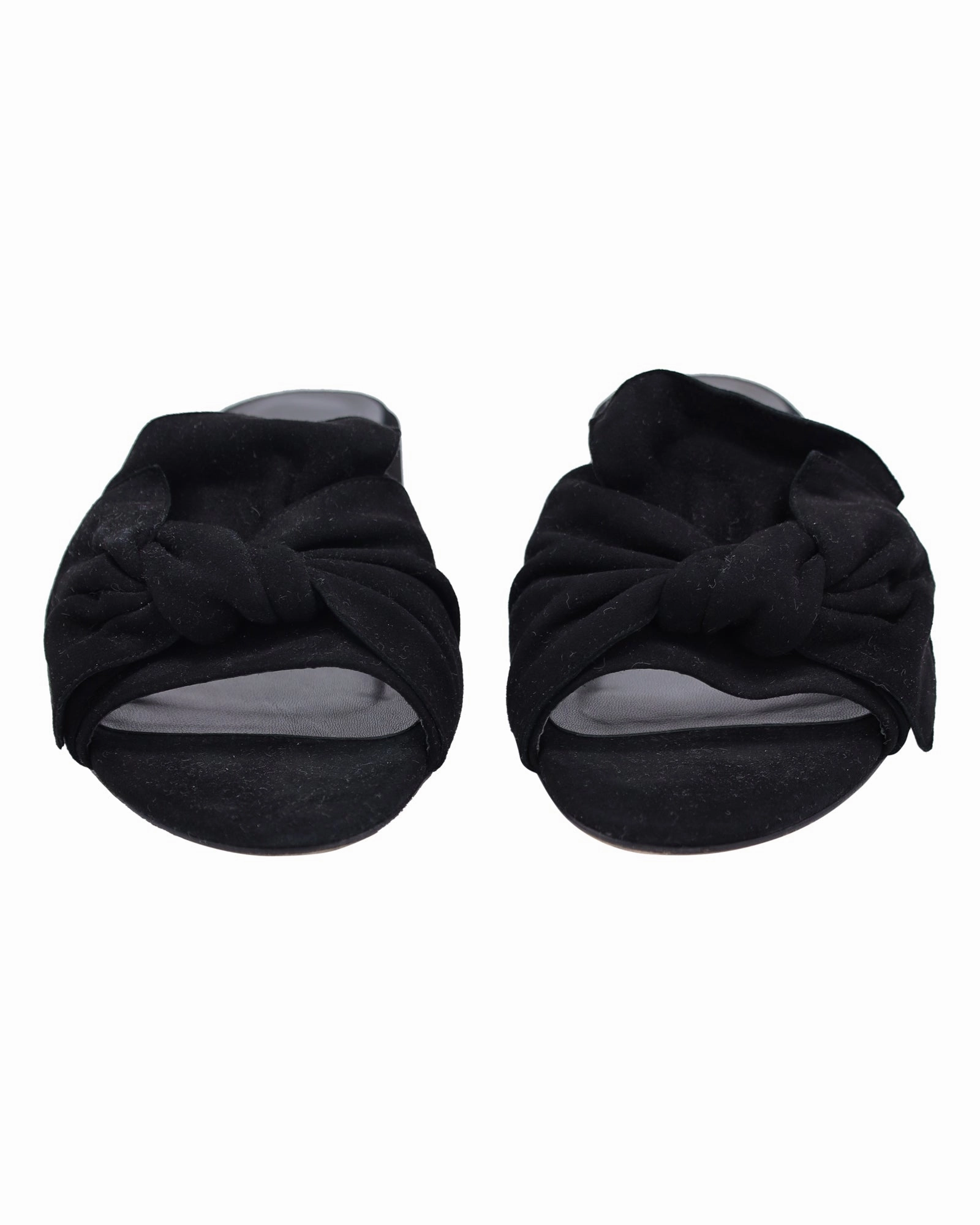 Stuart Weitzman Bow Block-Heel Slides in Black Suede