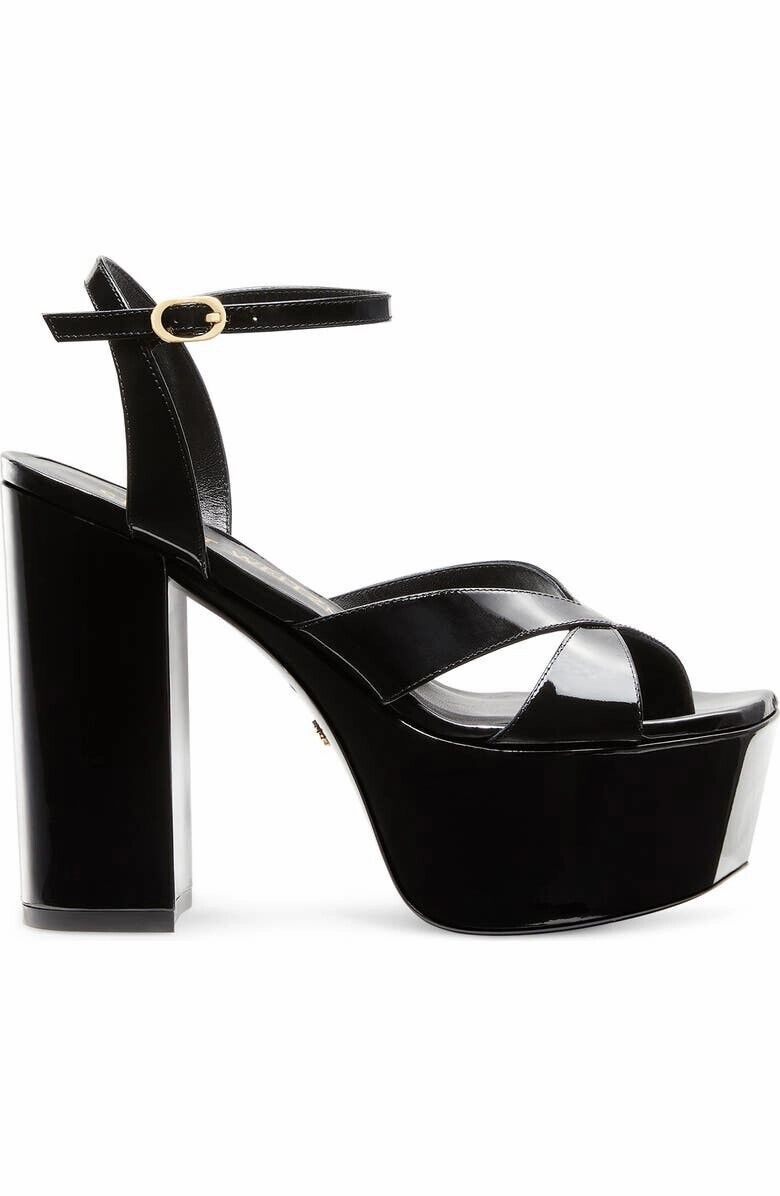 Stuart Weitzman Miami Squarehigh 140 Women's US 10.5 Black Patent Sandals KHD890