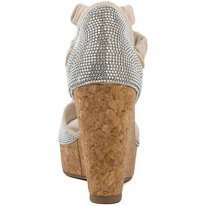 Sugar Harlow WS08772W Sandal Women 8.5 Tan Rhinestone Slip On Wedge Heel GBNC640