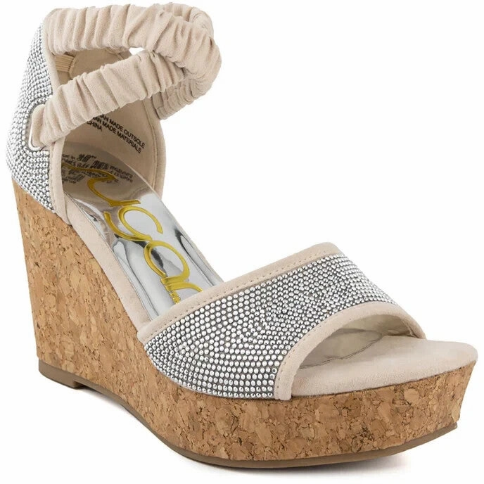 Sugar Harlow WS08772W Sandal Women 8.5 Tan Rhinestone Slip On Wedge Heel GBNC640