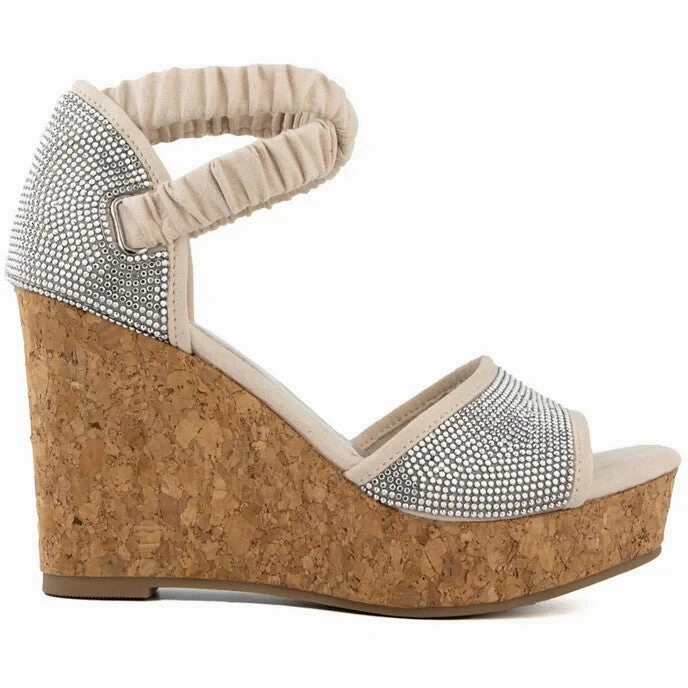 Sugar Harlow WS08772W Sandal Women 8.5 Tan Rhinestone Slip On Wedge Heel GBNC640