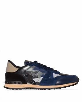 Valentino Garavani Blue Rockstud Rockrunner Camouflage Leather Sneakers Mens Shoes online flash sale