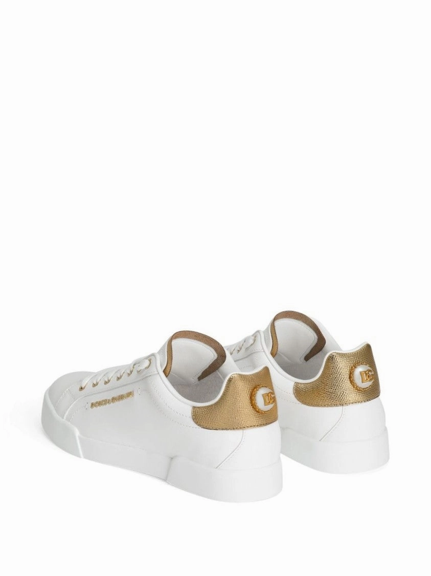 White Leather Sneakers With Gold Accents