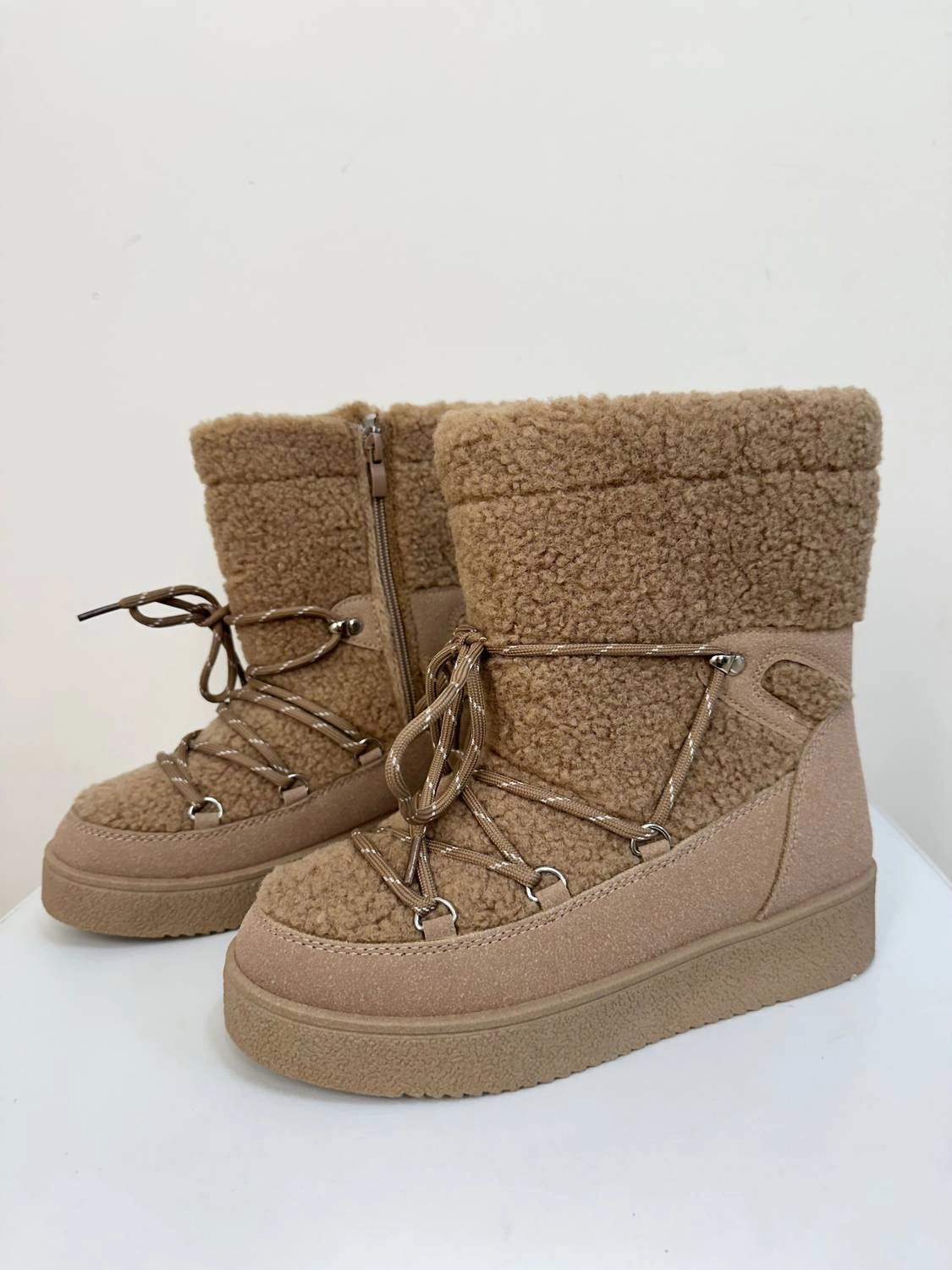 Women's Borg Fleece Furry Lace Up Snow Boots In Beige
