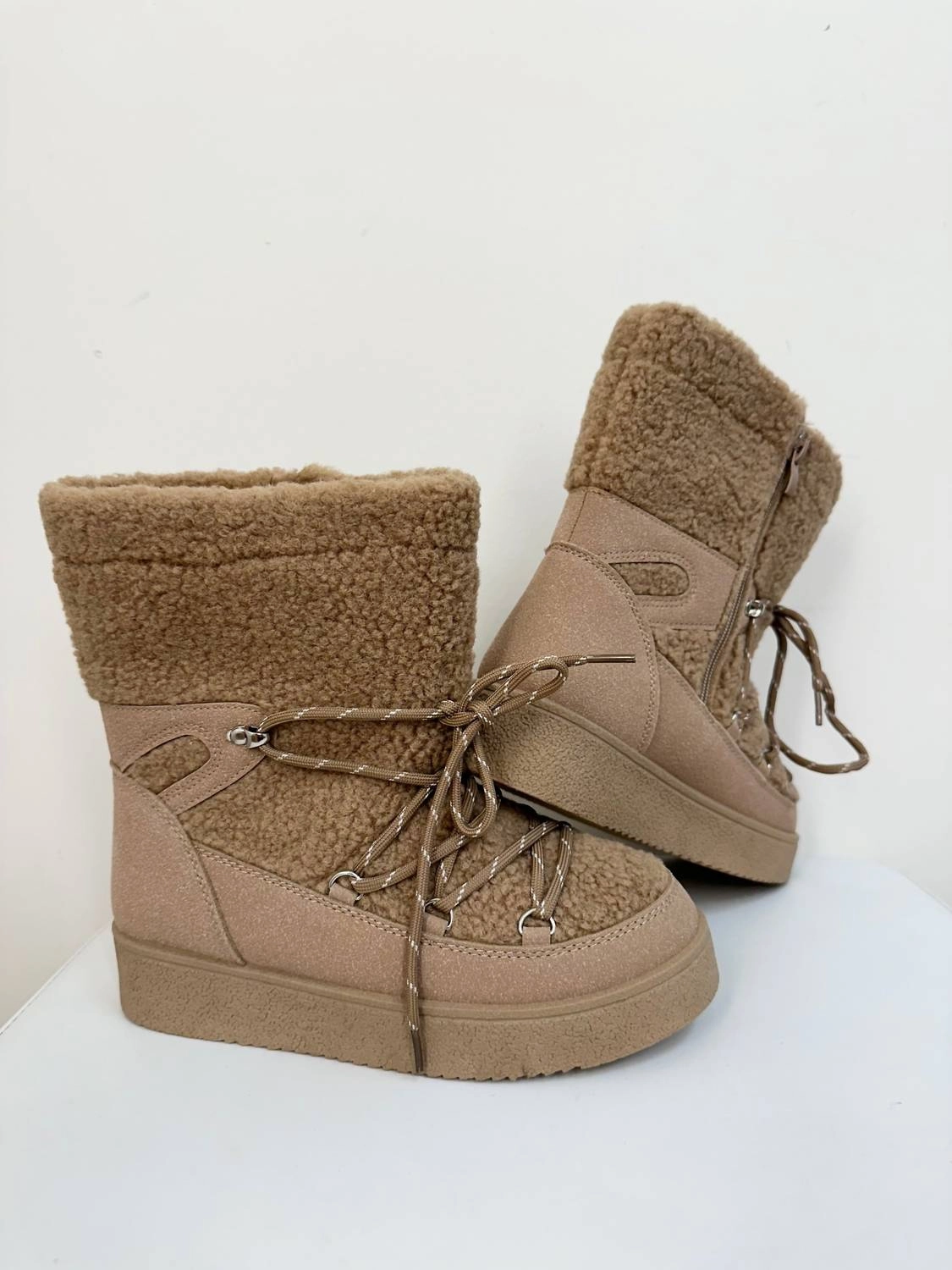 Women's Borg Fleece Furry Lace Up Snow Boots In Beige