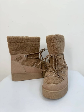 Women's Borg Fleece Furry Lace Up Snow Boots In Beige Mens Winter & Rain Boots clearance