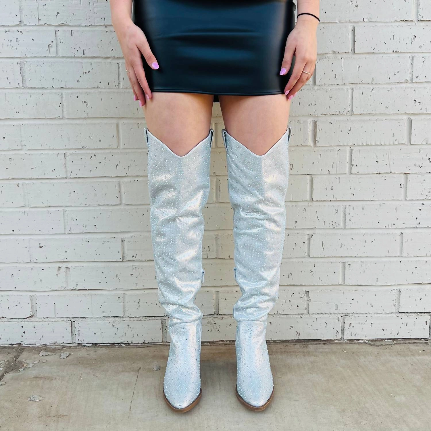 Women's Bring Ya To Your Knees Rhinestone Boots In Silver Discount Boots for Women
