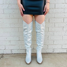 Women's Bring Ya To Your Knees Rhinestone Boots In Silver Discount Boots for Women