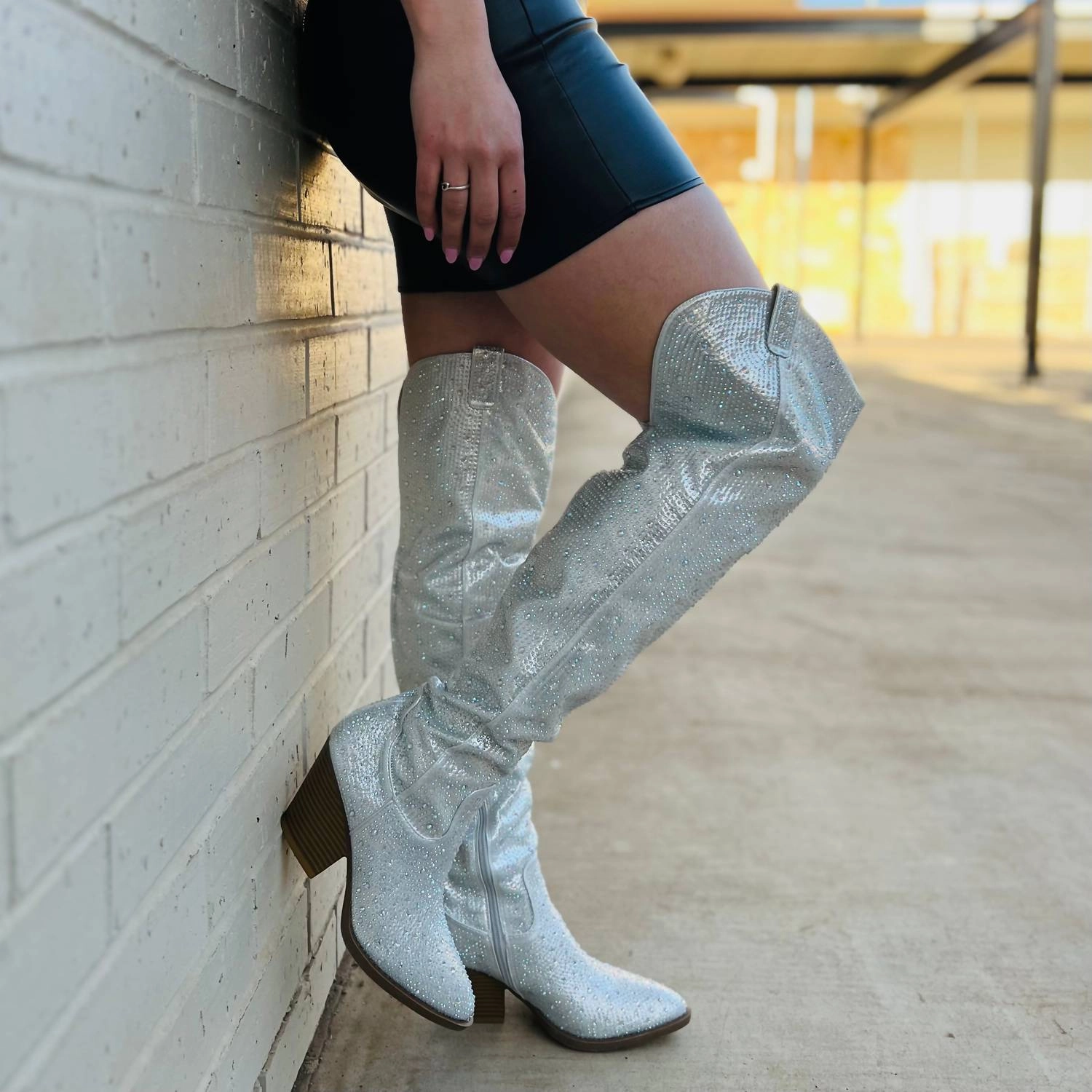Women's Bring Ya To Your Knees Rhinestone Boots In Silver