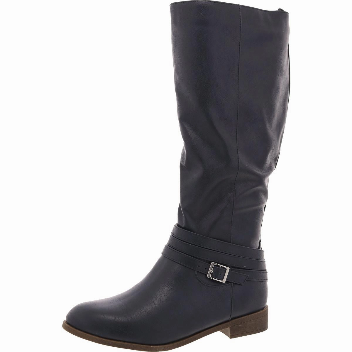 Womens Buckle Faux Leather Knee-High Boots
